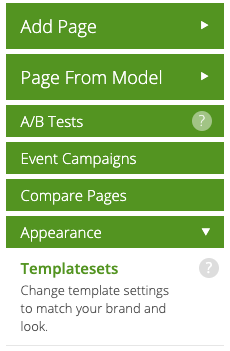 The Templatesets menu option is on the Pages tab Sidebar under Appearance
