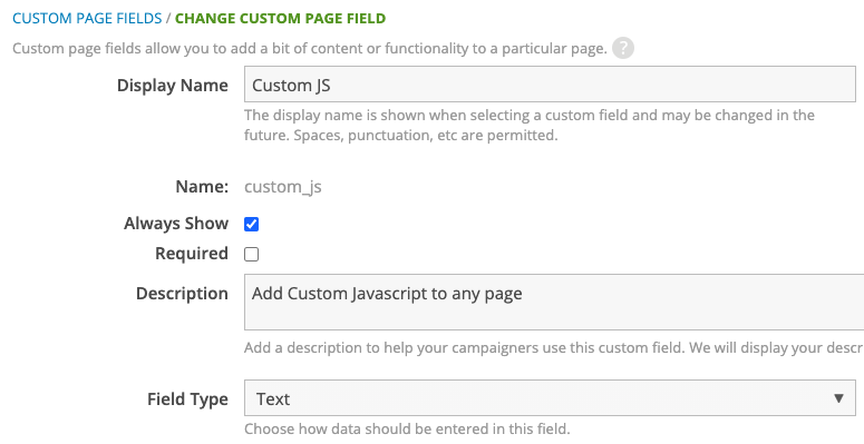 Creating a new custom page field, custom_js